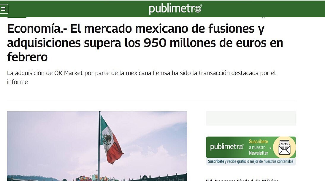 El mercado mexicano de fusiones y adquisiciones supera los 950 millones de euros en febrero